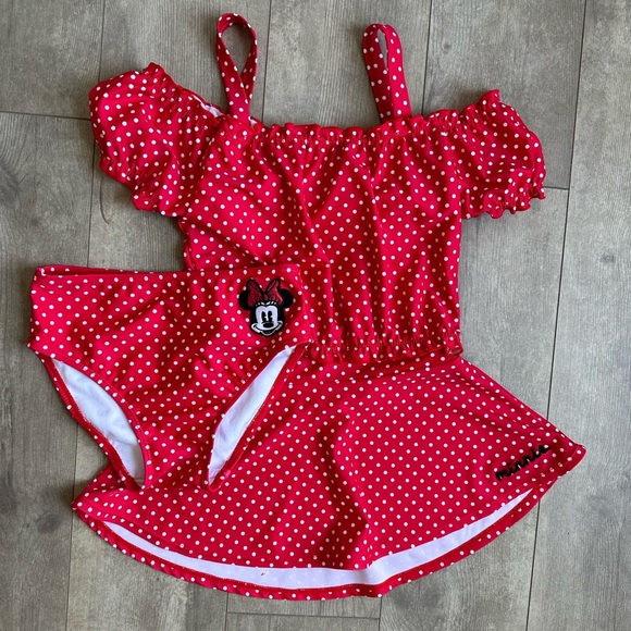 New Disney Minnie Mouse Girls 3 Piece Swimsuit Red White Polka Dots Size 7/8